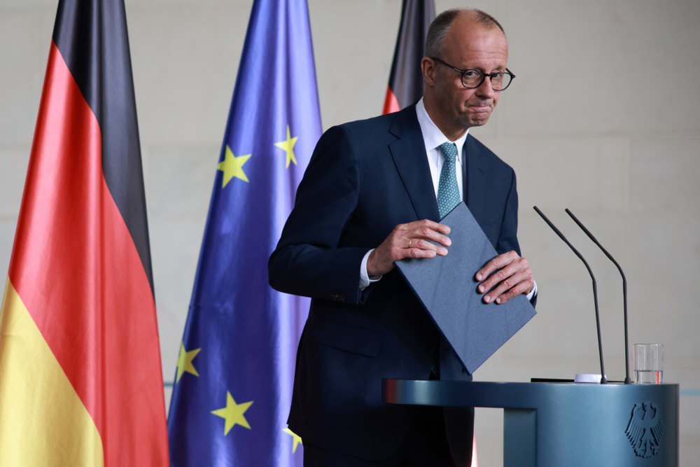 Канцлер Німеччини Фрідріх Мерц під час виступу в своїй канцелярії після засідання уряду в Берліні, 28 липня 2025 р.