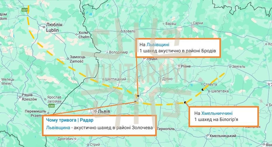 Ймовірний маршрут польоту дрону Shahed, що впав у Польщі 20 серпня 2025 року