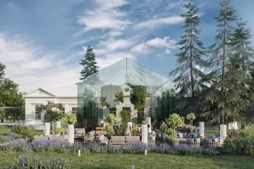 Скляна тераса в історичній будівлі. Це візуалізації реновації садиби Карницьких від YOD Group